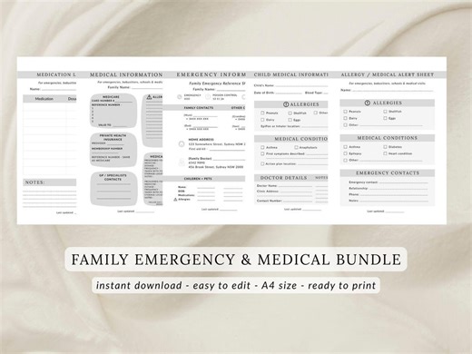 Family Emergency and Medical Information Pack | Printable Emergency Contacts | Medical Forms | Allergy Medication Lists | Instant Download - Etsy