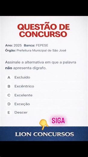 Lion Concursos on Instagram: "MINI-AULA NA LEGENDA ✅ GABARITO: letra A (Excluído) Agora o comentado bem didático, no padrão Lion 👇 📌 Antes: o que é dígrafo? Dígrafo = duas letras representando um único som. Ex.: ss, rr, ch, lh, nh, sc, sç, xc, qu/gu (quando “u” não é pronunciado). A questão pede a palavra que NÃO tem dígrafo. ✅ Comentário alternativa por alternativa A) Excluído ✅ (GABARITO) ✔️ NÃO tem dígrafo. Aqui, xc NÃO forma um único som. Ele “se separa” na pronúncia: eks-clu-í-do (som de