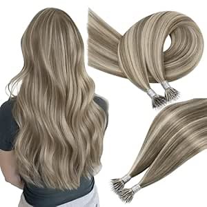 Easyouth Nano Bead Hair Extensions Human Hair Highlight Nano Ring Hair Extensions Highlight Light Brown with Blonde Nano Extension Human Hair Natural Look 16 Inch 50G 50S Nano Remy Hair Extension