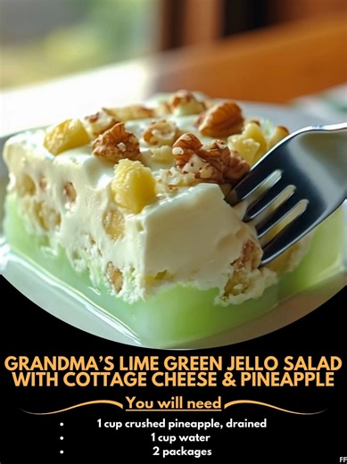 Grandma’s 🐄 Lime Green Jello Salad with Cottage Cheese & Pineapple 🍍🥗 Ingredients: 1 cup crushed pineapple, drained (reserve the juice) 1 cup water (more or less as needed—see instructions) 2 packages (3 oz each) lime Jello 1 cup mayonnaise 1 cup evaporated milk (canned) 1 cup small curd cottage cheese ½ cup chopped walnuts Directions: ..... Full Recipe in Coʍmеոτ 💬 🌟 | Grandma's Best Recipes