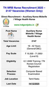 87 reactions | ✅ TN MRB Nurse Recruitment 2025 Apply Online for 2147 Vacancies (Women Only) https://www.indgovtjobs.in/2025/11/tn-mrb-nurse-recruitment-2025-apply.html #tnmrbrecruitment #tnnurse #nursejobs #tngovtjobs #govtjobs #jobalert #indgovtjobs #applyonline | Ind Govt Jobs | Facebook