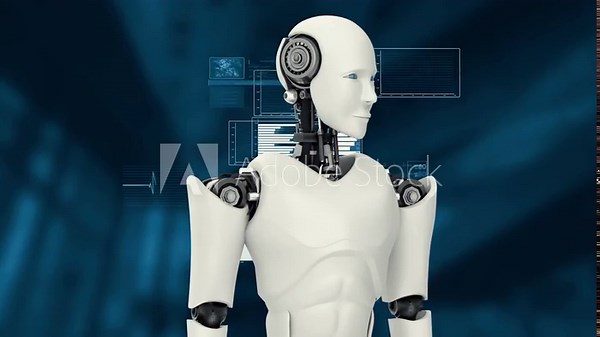 MLP Futuristic robot, artificial intelligence CGI big data analytics and programming. Robotic man 3D render animation.