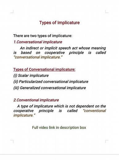 implicature in pragmatics | types implicature |conversational implicature particularized implicature