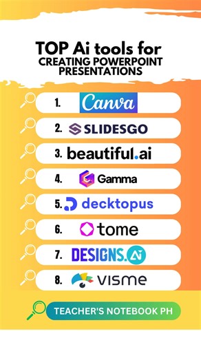2.9K views · 18 reactions | TOP Ai tools for Creating PowerPoint Presentations #AI #aitools #aitoolsforbusiness #aitoolsformarketers #powerpointdesign #powerpointpresentation #powerpointtutorial #PowerPoint #PowerPointTraining #PowerPointTemplates | Teacher's Notebook PH | Facebook
