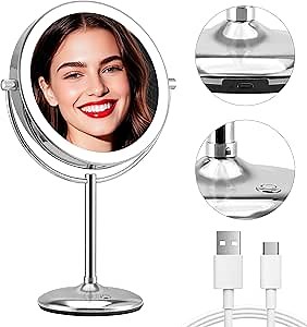 9" Makeup Mirror with Lights: 1X/15X Lighted Makeup Mirror with Magnification, True HD Magnifying Mirror with 3 Color Lights, 360°Rotation Double Sided Desk Mirror, Base Charging & Touch Switch,Chrome