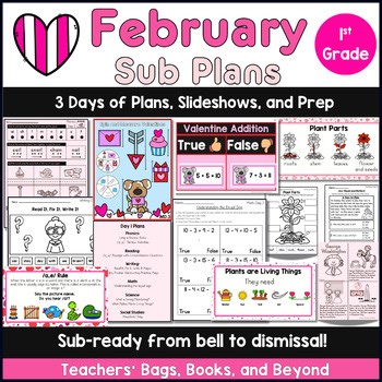 1st Grade Sub Plans February Emergency Sub Lesson Plans & Slideshows, Printables