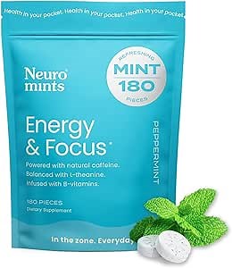 NeuroGum Energy Caffeine Mints (180 Pieces) - Sugar Free with L-theanine + Natural Caffeine + Vitamin B12 & B6 - Nootropic Energy & Focus Supplement for Women & Men - Keto & Vegan, Peppermint Flavor