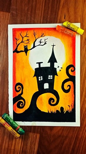 Haunted House Silhouette Art 🌕 | Spooky Sunset Oil Pastels Drawing
