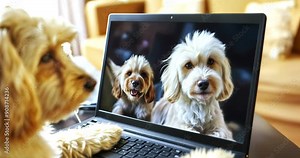 Dog Looking at Laptop Screen with Other Dogs: Funny and Cute Pet Using Technology, Animal Curiosity Concept. Pets & Technology
