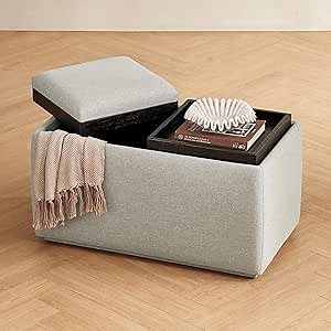 mopio Levi Storage Bench with Reversible Tray, Modern Storage Coffee Table, Bedroom Bench, Rectangular Cube Upholstered Coffee Table Ottoman for Living Room, Bedroom, Entryway (Fabric, Light Gray)