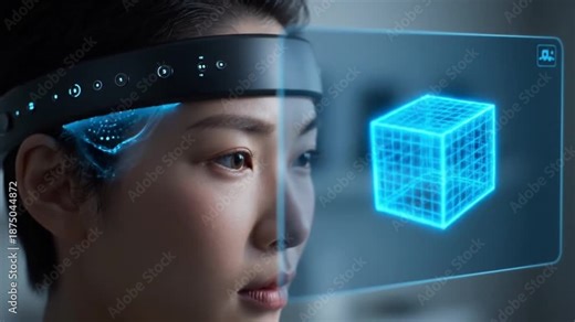 Close-up of neural interface headband reading brain activity to control 3D object on screen without touch, BCI technology