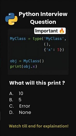 Day 43 | Python Interview Questions | Creating Classes with type() Explained 🔥 #python #shorts