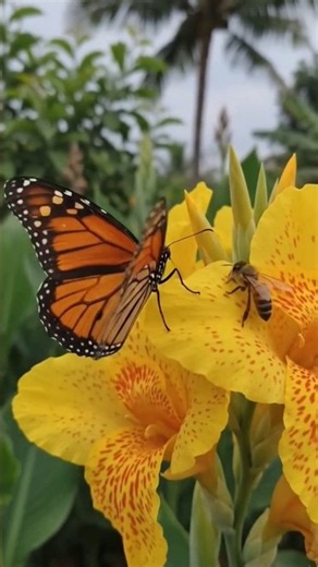 Monarch Butterfly & Bees on Yellow Canna Lily! 🦋🐝 #shorts #flowers #butterfly