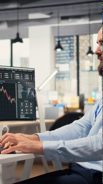 Vertical video Risk analyst using artificial intelligence to assess stock market volatility. Portfolio manager using AI chatbot to evaluate assets, allocate capital, and generate investment reports