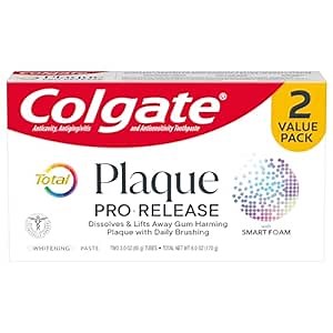 Colgate Total Plaque Pro Release Whitening Toothpaste Pack, Whitening Fluoride Toothpaste, Fights Plaque, Bad Breath, Tartar Buildup, and Helps Protect Teeth from Sensitivity, 2 Pack, 3.0 oz