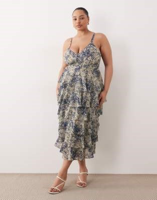 Pretty Lavish Curve ruffle midaxi dress in navy abstract print | ASOS