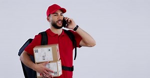 Delivery, phone call and man with a courier, boxes or communication with shipping customer