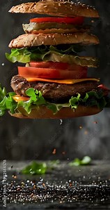 An exploding view of a layered cheeseburger with droplets of sauce suspended mid-air against a dark background, highlighting each tasty component in vivid detail. video 4k