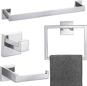 4-Piece Bathroom Hardware Set Chrome Bath Towel Bar Holder Sets Wall Mounted Stainless Steel Bathroom Accessory Kit, Polished Chrome 23.6 Inch