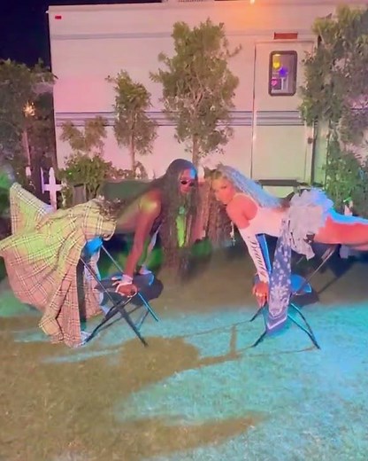 Ciara and Jodie Turner-Smith at Coachella 2025 doing the Defy Gravity / Chair Challenge