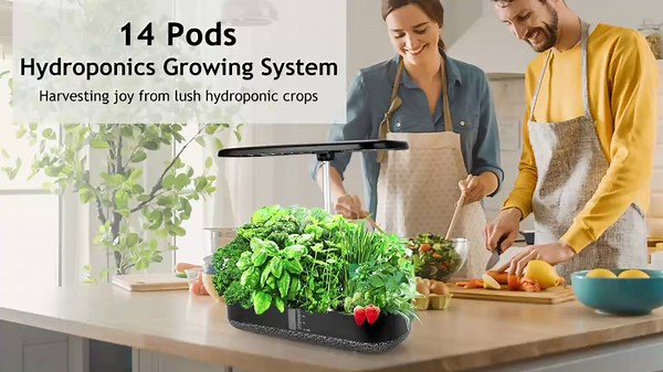 Hydroponics Growing System with LED Grow Light, 14 Pods Indoor Herb Garden Full Spectrum Rotatable Light Panel, Auto On Off Timing 12 14 16Hrs, 5L Water Tank, Harvest Fresh Basil Tomato (Black)