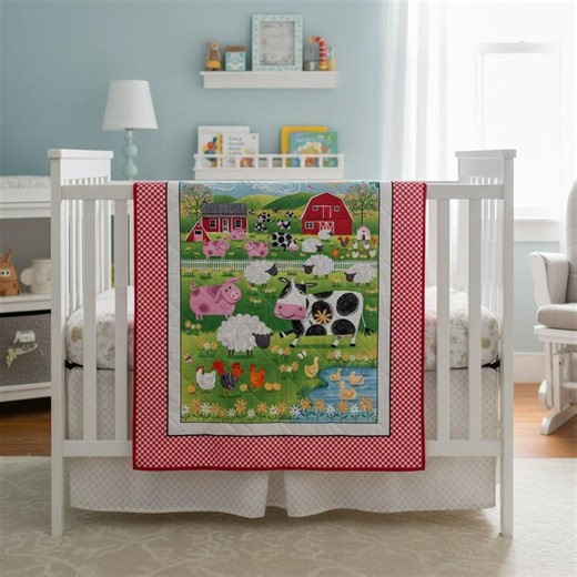 FARM ANIMALS Baby Quilt Reversible 35 X 43 Barnyard Nursery Quilt With Red Gingham Border Handmade Crib Quilt - Etsy