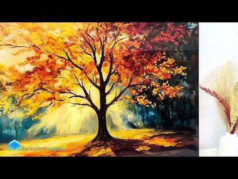 Golden Horizon – Radiant Tree Glass Kitchen Backsplash