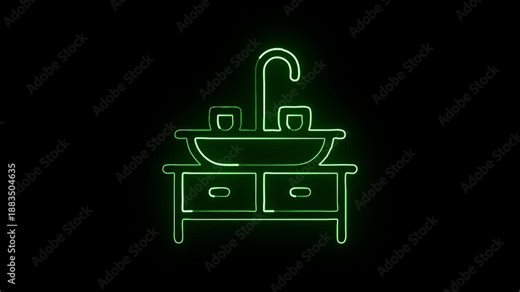 Glowing neon line sink with water flow animation. Bathroom plumbing icon animation HD video isolated on black background