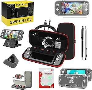 Switch Lite Accessories Bundle, Kit with Carrying Case,TPU Case Cover with Screen Protector,Charging Dock,Playstand, Game Card Case, USB Cable, Stylus,Thumb Grip Caps for Nintendo Switch Lite (Black)