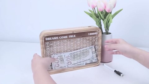 Wooden Money Saving Box, 10000 Savings Challenge Box, Piggy Bank for Adults Kids, Cash Vault Money Box-10000 Dollars Target