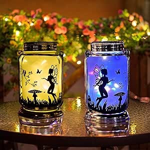 2 Pack Solar Fairy Lantern Mason Jar Light, Red&Purple Rose Flower with Fairy Stickers Solar Hanging Lantern Stake Lights Garden Wedding Party Decoration(Warm White&Multi Color)
