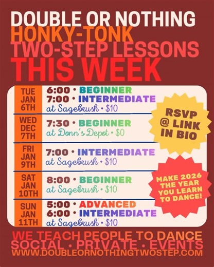 𝗗𝗢𝗨𝗕𝗟𝗘 𝗢𝗥 𝗡𝗢𝗧𝗛𝗜𝗡𝗚 𝗧𝗪𝗢-𝗦𝗧𝗘𝗣 👢👢 on Instagram: "We cannot wait to dance with you this week! Is 2026 the year you learn to dance? We make it fun and easy - just show up, we’ll handle the rest. Austin Honky-Tonk Two-Step lessons at the best venues in town. Whether you’re brand new or ready to level up, come learn with us and stick around for live music after class. Venues are 21+ Frequently Asked Questions ✳️ Do I need a partner? Come solo or bring someone - we’ll rotate partn