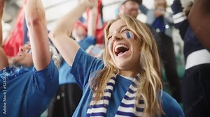 Sport Stadium Soccer Match: Portrait of Beautiful Caucasian Fan Girl with French Flag Painted Face Cheering For Her Team to Win. Crowd of Fans Shout, Celebrate Scoring a Goal, Championship Victory