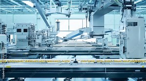 Animated factory floor with automated robots for product assembly Using stock images of precision manufacturing
