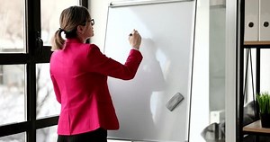 Businesswoman drawing a question mark on white board