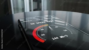 5g cellular technology and speed test mobile application running on the smartphone. On the screen comparison of the 2g 3g 4g and newest networks. Connection displays high speed of data transfering.
