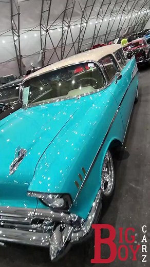 The 1957 Chevrolet Nomad Custom Wagon has all the feels of a classic with some upgrades and customizations. It comes packed with a 5.7-liter GM LS1 V8 engine and a 4-speed automatic transmission. It sold at Barrett-Jackson Scottsdale AZ for $143,000! #classiccars #Chevrolet #chevroletwagon #barrettjackson #supershow | Big Boy Carz