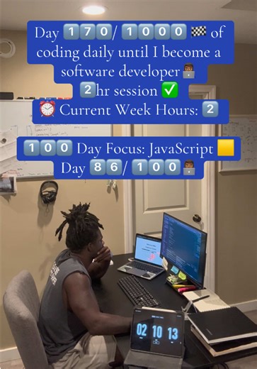 Day 1️⃣7️⃣0️⃣/ 1️⃣0️⃣0️⃣0️⃣ 🏁 of coding daily until I become a software developer👨🏾‍💻 2️⃣hr session ✅ ⏰ Current Week Hours: 2️⃣ 1️⃣0️⃣0️⃣ Day Focus: JavaScript 🟨 Day 8️⃣6️⃣/ 1️⃣0️⃣0️⃣👨🏾‍💻 #softwaredeveloper #softwareengineer #software #softwareengineering #softwaredevelopment