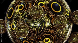Realistic satisfying looping 3D animation of the beautiful golden yellow ornament black sphere with orbital rolling small fancy pattern spheres as satellites rendered in UHD with alpha matte
