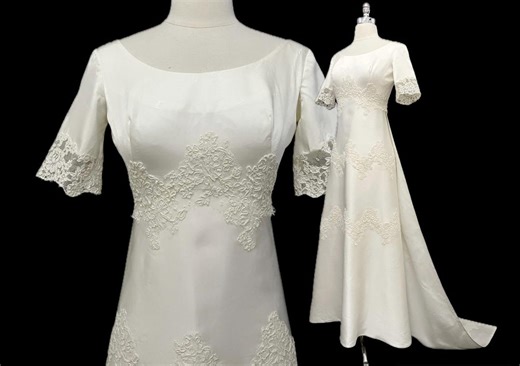 Vintage 60s XS petite wedding dress mod classic with detachable train cleaned B 33"