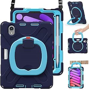 BRAECN for 8.3” iPad mini 7 (A17 Pro) 2024 / iPad mini 6 2021 Protective Case w/Screen Protector, Pencil Holder, Handle Grip, Shoulder Strap, Kickstand for iPad mini A17 Pro/ A2567/A2568/A2569, Navy