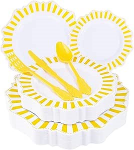 COLOSUS 150pcs Disposable White Lemon Yellow Striped Plastic Party Plates and Silverware set, Yellow Dinner/Dessert Plates silverware 30guests for Easter Birthday Weeding Party and Daily use.