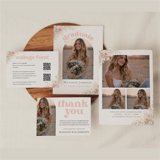 Editable Graduation Invitation Template Wildflower Class of 2026 Canva Printable Grad Party Invite With QR Code College Fund Insert - Etsy