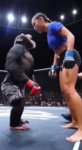 Chimp screams and pounds the mat aggressively The woman shouts back confidently A referee rushes i