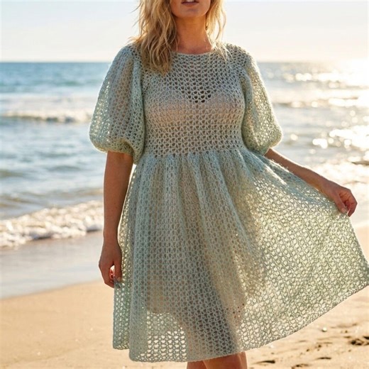 Crochet Dress Pattern Puff Sleeve Babydoll Dress Lace Beach Cover up Summer Romantic Boho Mini Dress PDF Easy Women Clothes Tutorial - Etsy