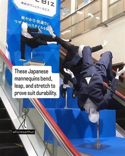 Streetwear | Couture | Runway Models on Instagram: "In Japan, some clothing stores have taken visual merchandising to a whole new level by posing their mannequins in dramatic, acrobatic positions to highlight the flexibility and durability of the suits on display. Rather than standing stiffly like traditional mannequins, these figures are shown doing splits, handstands, climbing poses, and seemingly frozen mid-air — all to give shoppers a sense that the fabric won’t tear or bunch up no matter ho