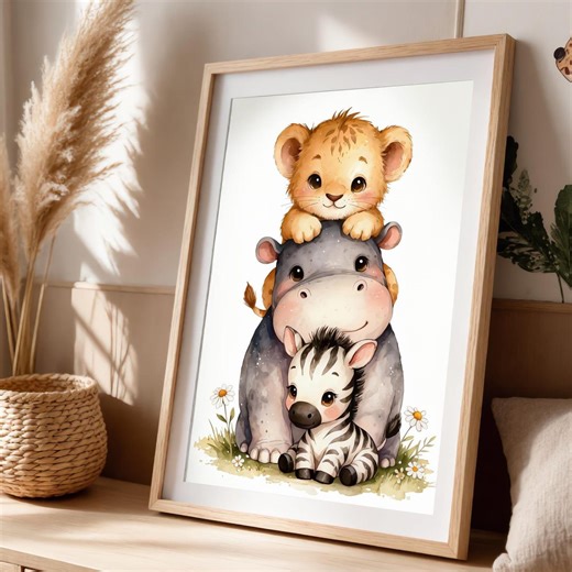 Lion Hippo Zebra Nursery Art Print | Stacked Baby Safari Animals | Pink Lion King Hippo Baby Nursery Zebra Wall Art Baby Room Download - Etsy