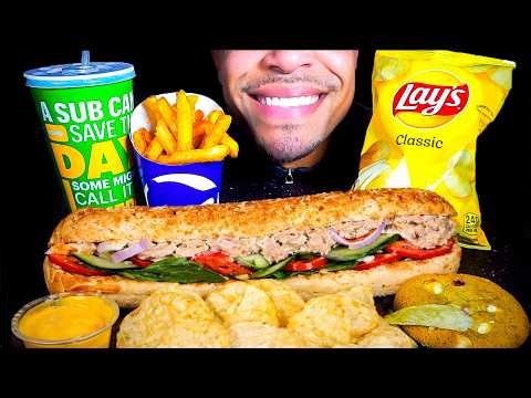 ASMR EATING SUBWAY MUKBANG FOOTLONG TUNA SANDWICH CHURRO CHIPS WHITE MACADAMIA NUT COOKIE CHALLENGE