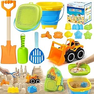 Collapsible Beach Sand Toys Set for Kids - Includes Bucket, Mesh Shovel, Filter Scooper & Castle Molds - Toddler Beach Toys for 1-3 & Kids Ages 4-8 with Mesh Bag, Summer Outdoor Beach Essentials