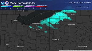 2 PM | Saturday, December 13, 2025 Here's model simulated radar to give an idea of the evolution of various snow chances across the area. Deep blues indicate significant snow rates. Use this as an approximation for timing purposes. | US National Weather Service Cleveland OH